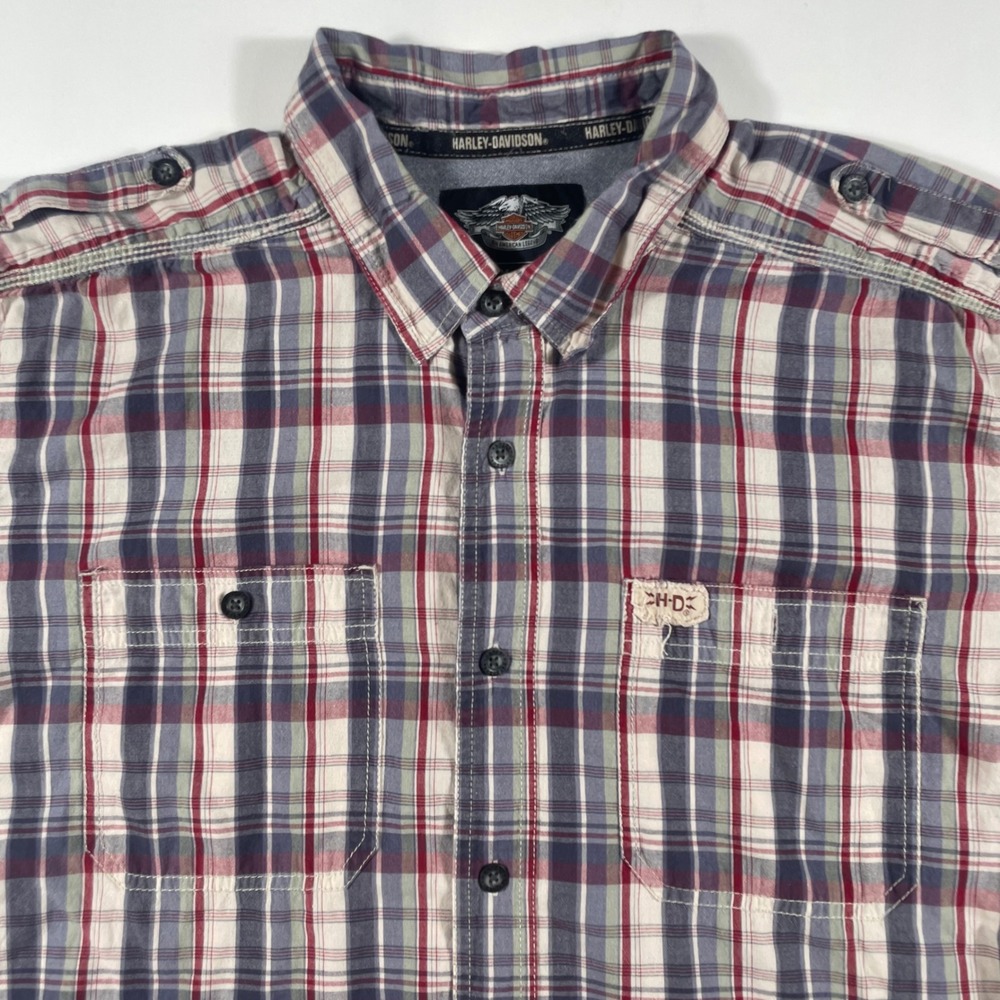 Harley-Davidson Button Down Mens 2XL Plaid Short Sleeve Epaulet‎ Blue Red White
